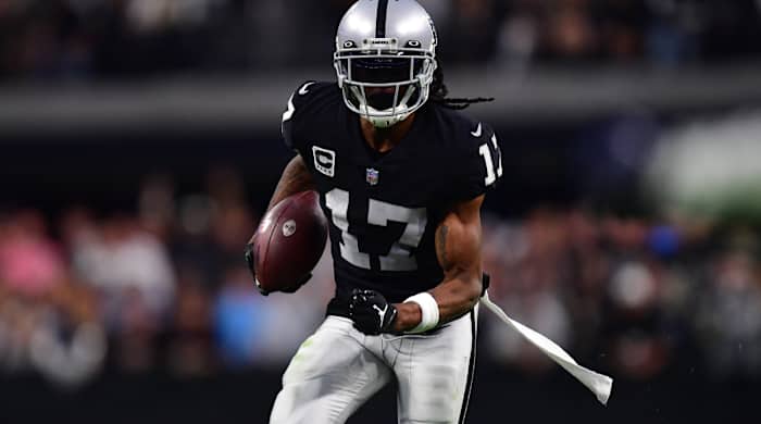 Nov 13, 2022; Paradise, Nevada, USA; Las Vegas Raiders wide receiver Davante Adams (17) runs the ball for a touchdown against the Indianapolis Colts during the second half at Allegiant Stadium. Mandatory Credit: Gary A. Vasquez-USA TODAY Sports